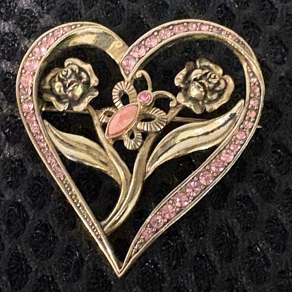Vintage Heart Floral Brooch with Pink Rhinestones & Butterfly Accent - Picture 8 of 8